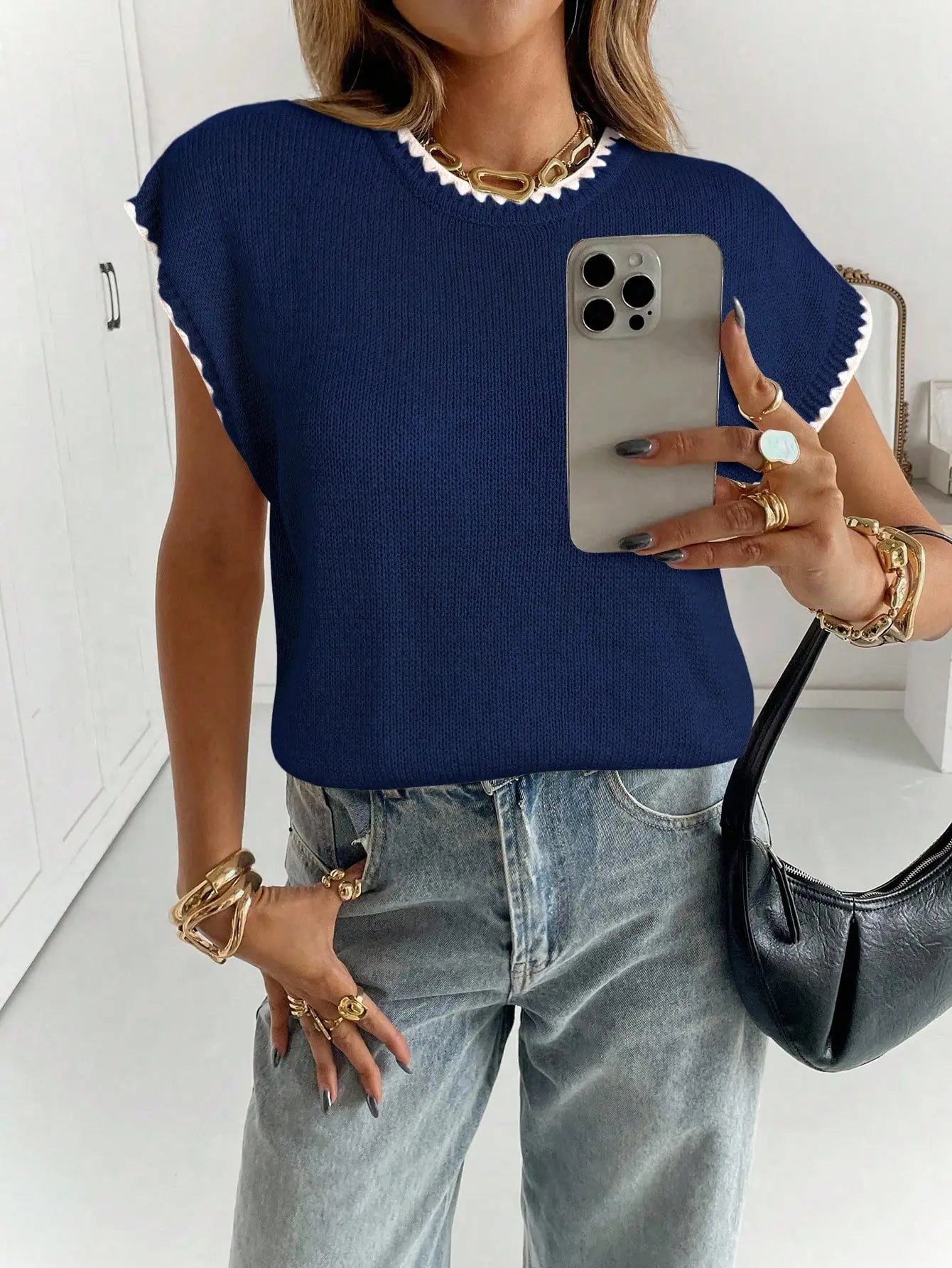 Round Neck Short Sleeve Knitted Top by MadisonnSavannahBoutique