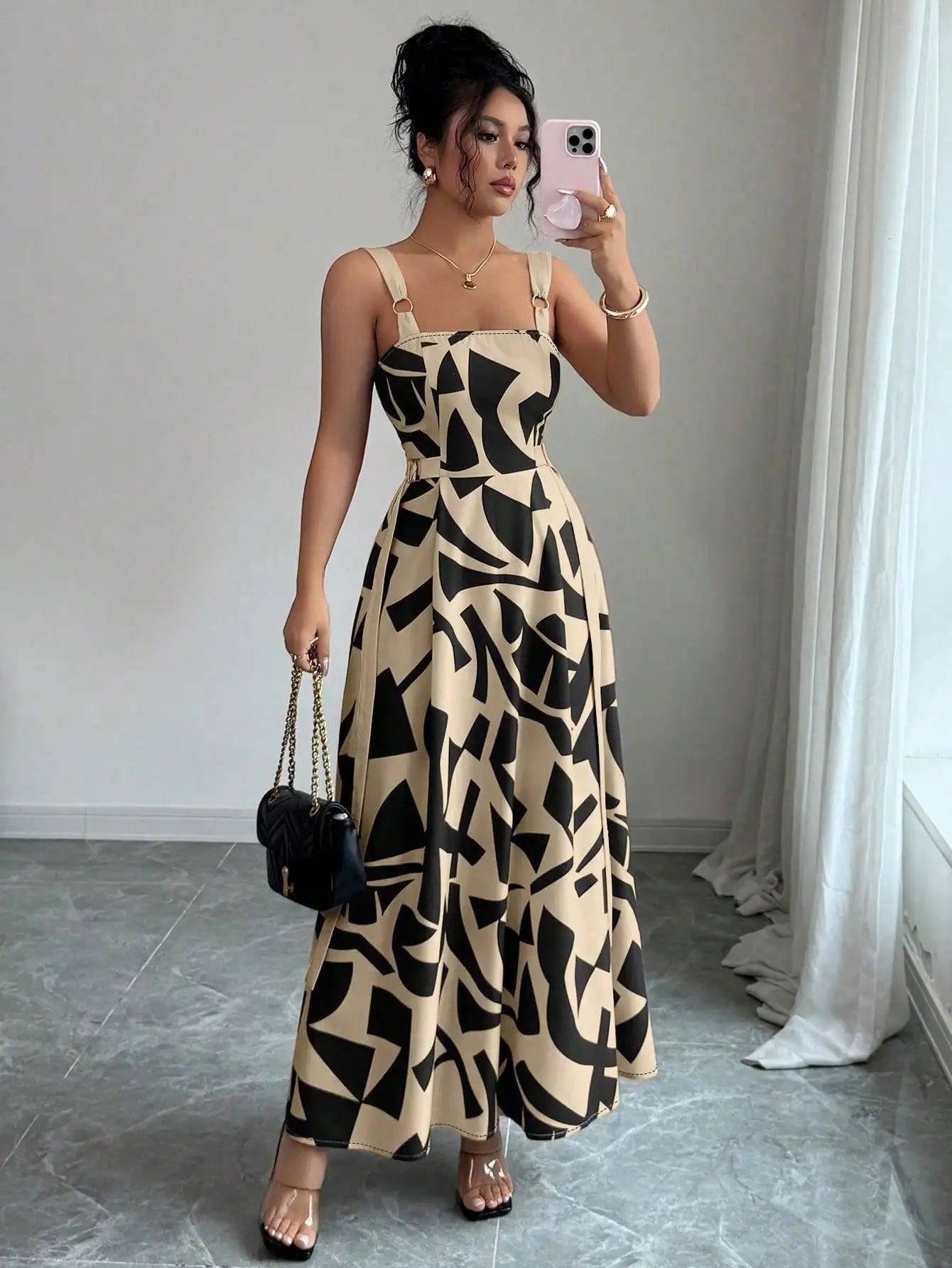 Casual Spaghetti Strap Waisted Wide Hem Geometric Print Maxi Dress by MadisonnSavannahBoutique