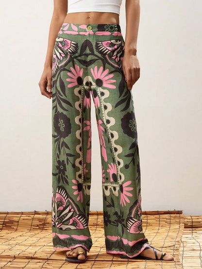 Green Floral Print Wide Leg Pants by MadisonnSavannahBoutique