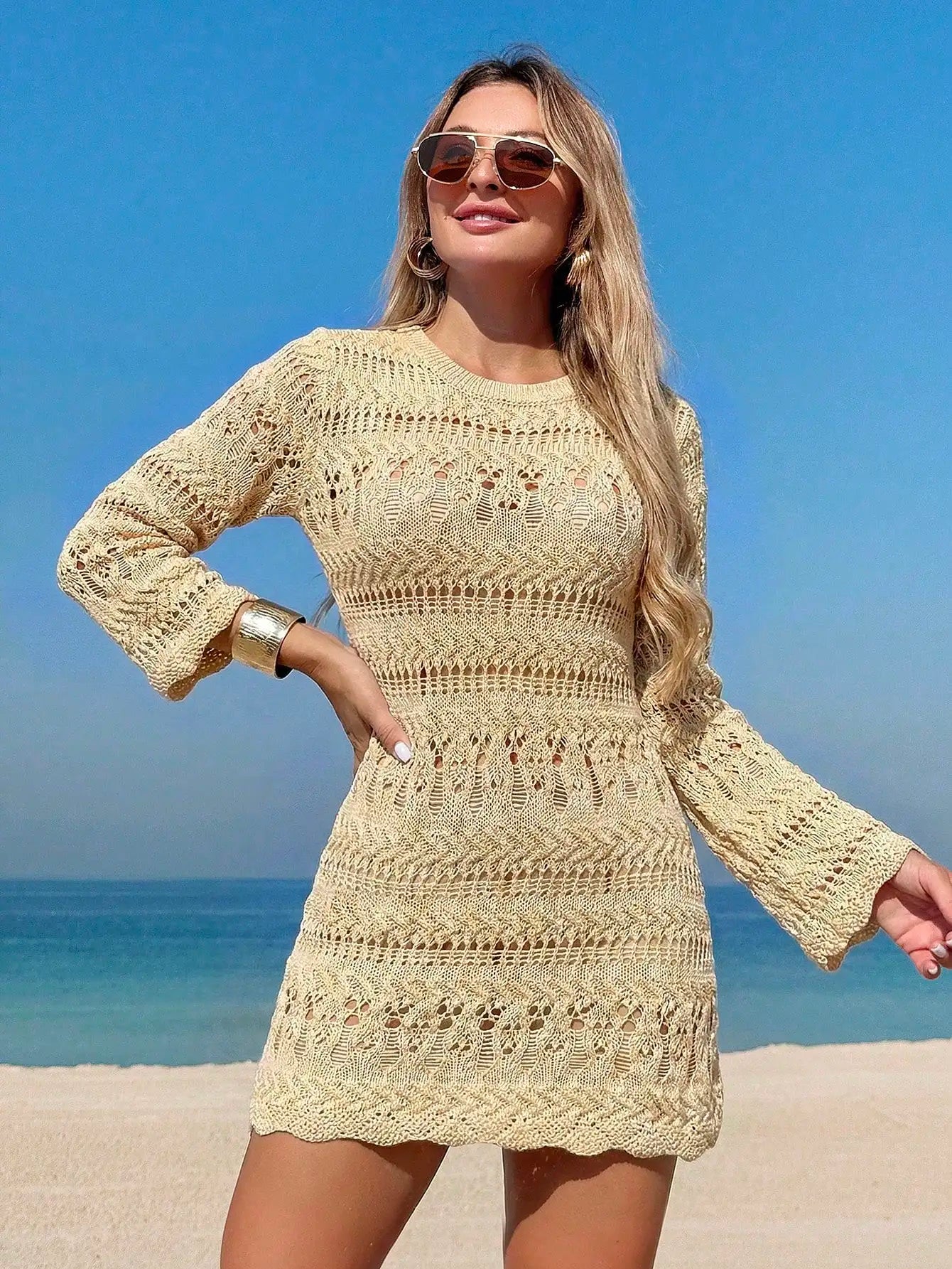 Blue Hollow Out Crochet Cover Up Dress With Scallop Trim Beachwear by MadisonnSavannahBoutique