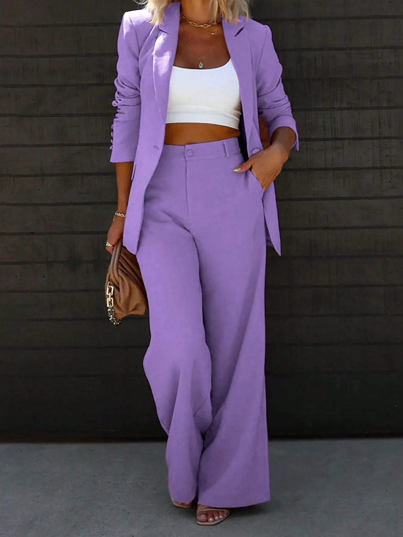 wo-Piece Suit Single Button Blazer And Wide Leg Trousers by MadisonnSavannahBoutique