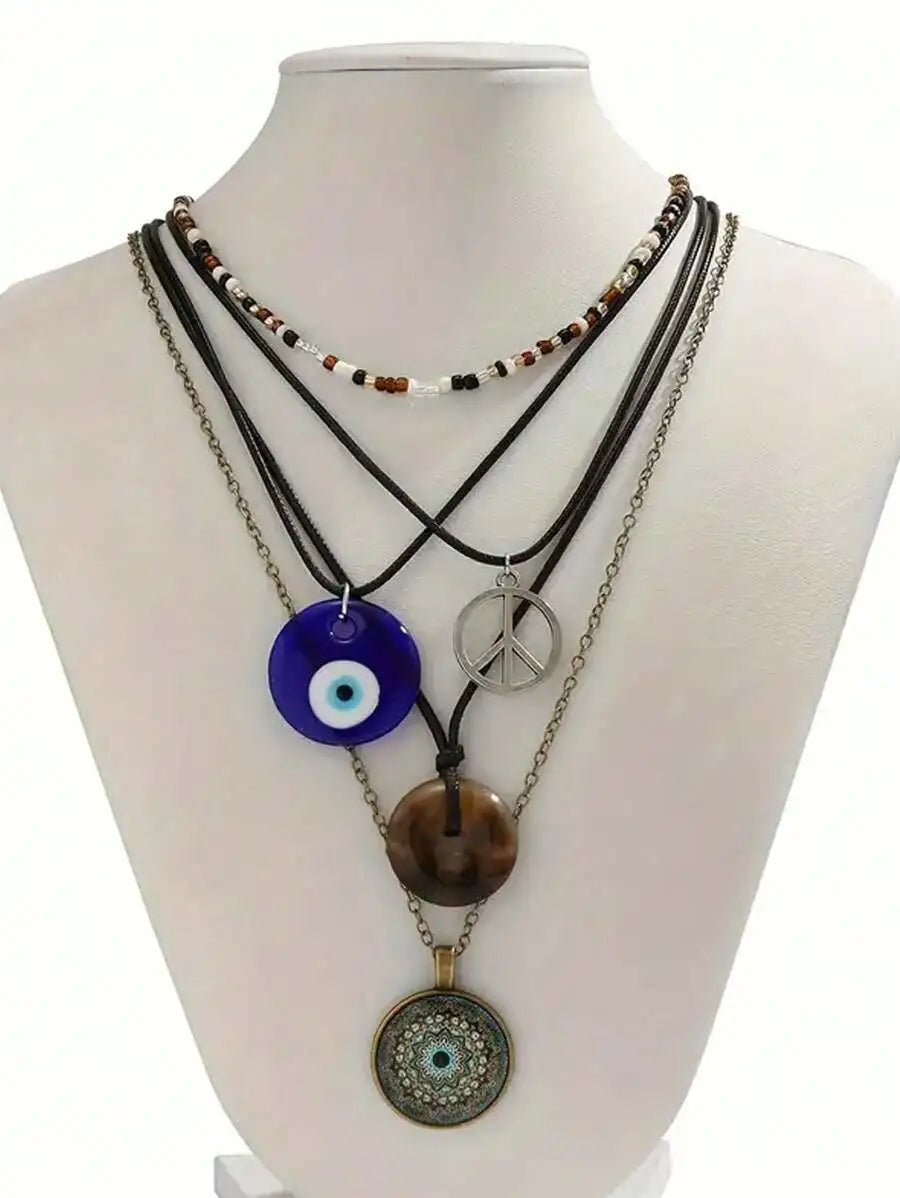 3-Layer Boho Pendant Necklace Set with Sun Charm, Glass Dome & Stone Bead by MadisonnSavannahBoutique