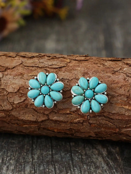 Vintage-Style Turquoise Flower Stud Earrings in Alloy Setting by MadisonnSavannahBoutique