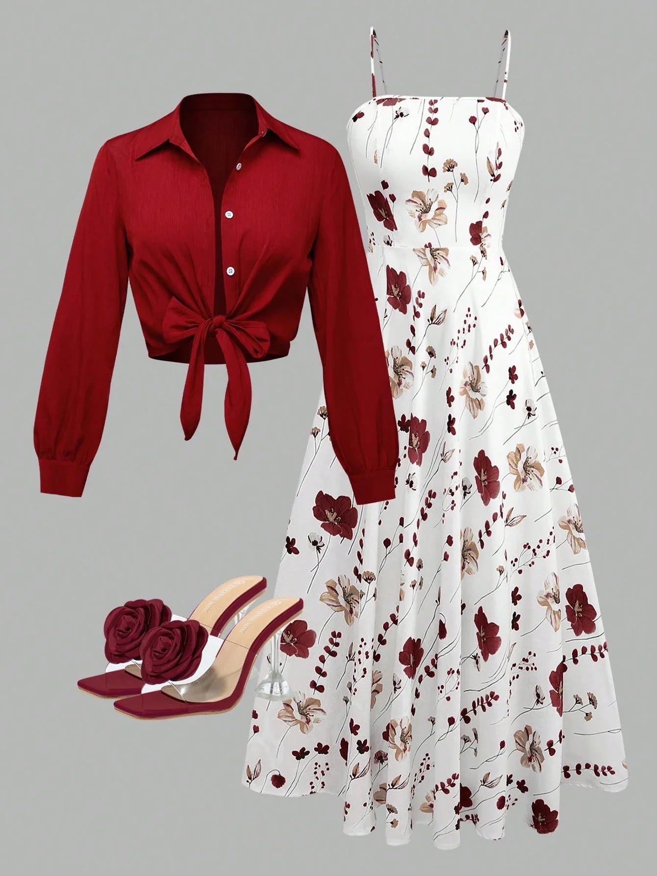 Floral Print Long Sleeve Two-Piece Set With Knotted Top And Midi Dress by MadisonnSavannahBoutique