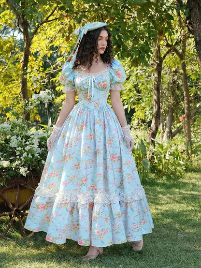 Maxi Dress With Puffed Sleeves, Square Neck, Ruched Bodice, Elegant Style by MadisonnSavannahBoutique