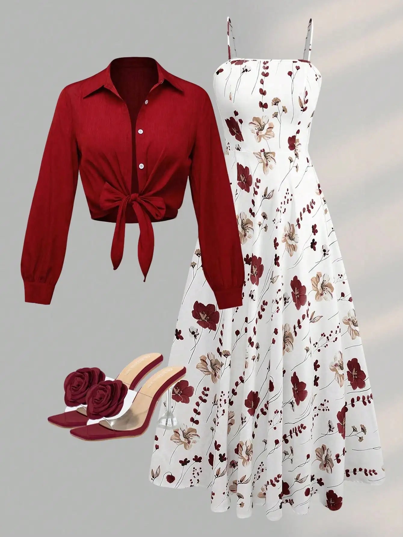 Floral Print Long Sleeve Two-Piece Set With Knotted Top And Midi Dress by MadisonnSavannahBoutique