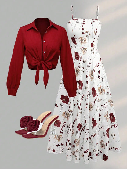 Floral Print Long Sleeve Two-Piece Set With Knotted Top And Midi Dress by MadisonnSavannahBoutique