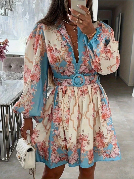 Floral Print Open Collar Long Sleeve Dress With Belt t A-Line by MadisonnSavannahBoutique