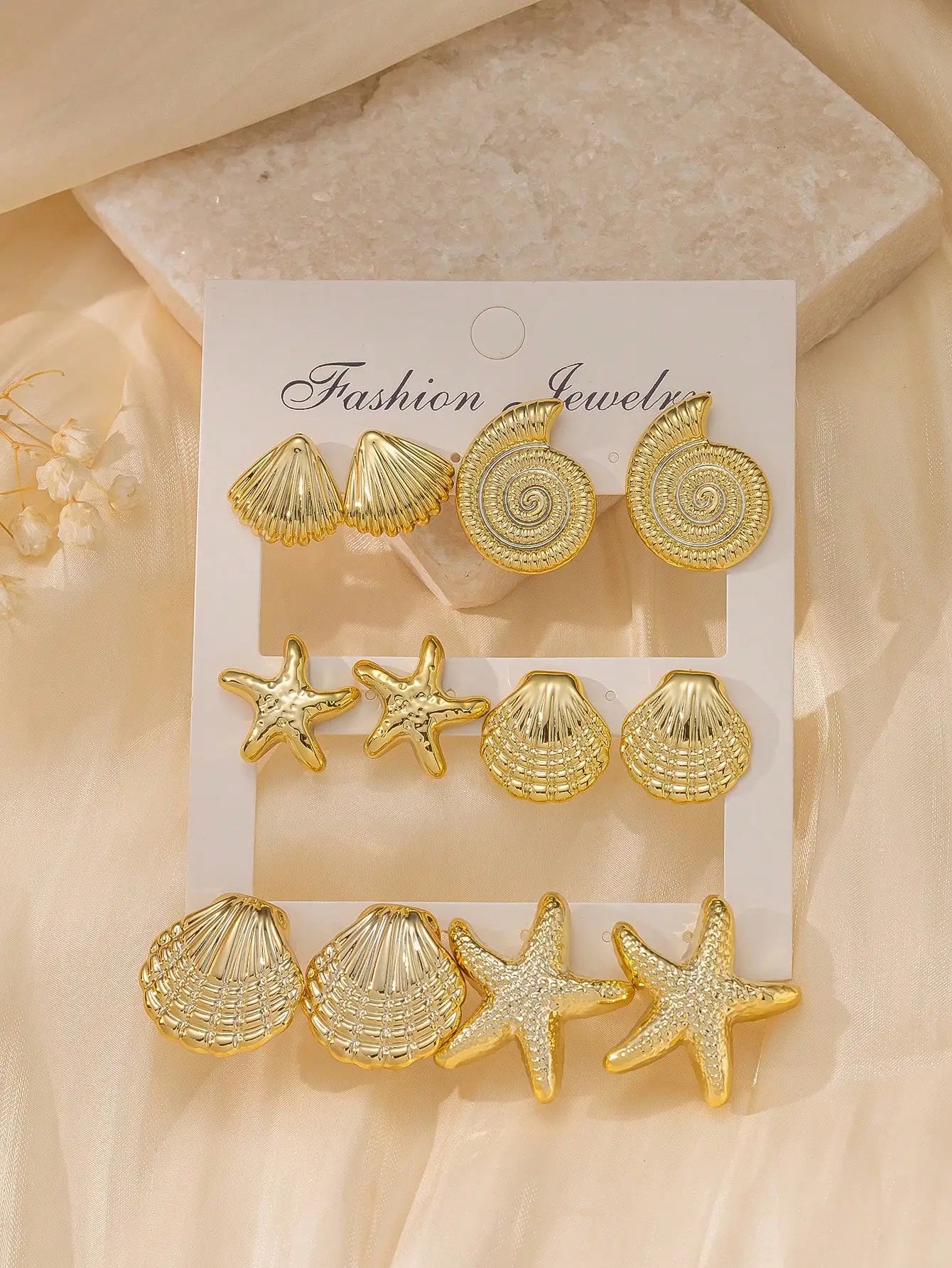 Gold Sea Shell & Starfish Stud Earrings Set 6 Pairs Fashion Jewelry by MadisonnSavannahBoutique