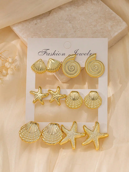 Gold Sea Shell & Starfish Stud Earrings Set 6 Pairs Fashion Jewelry by MadisonnSavannahBoutique