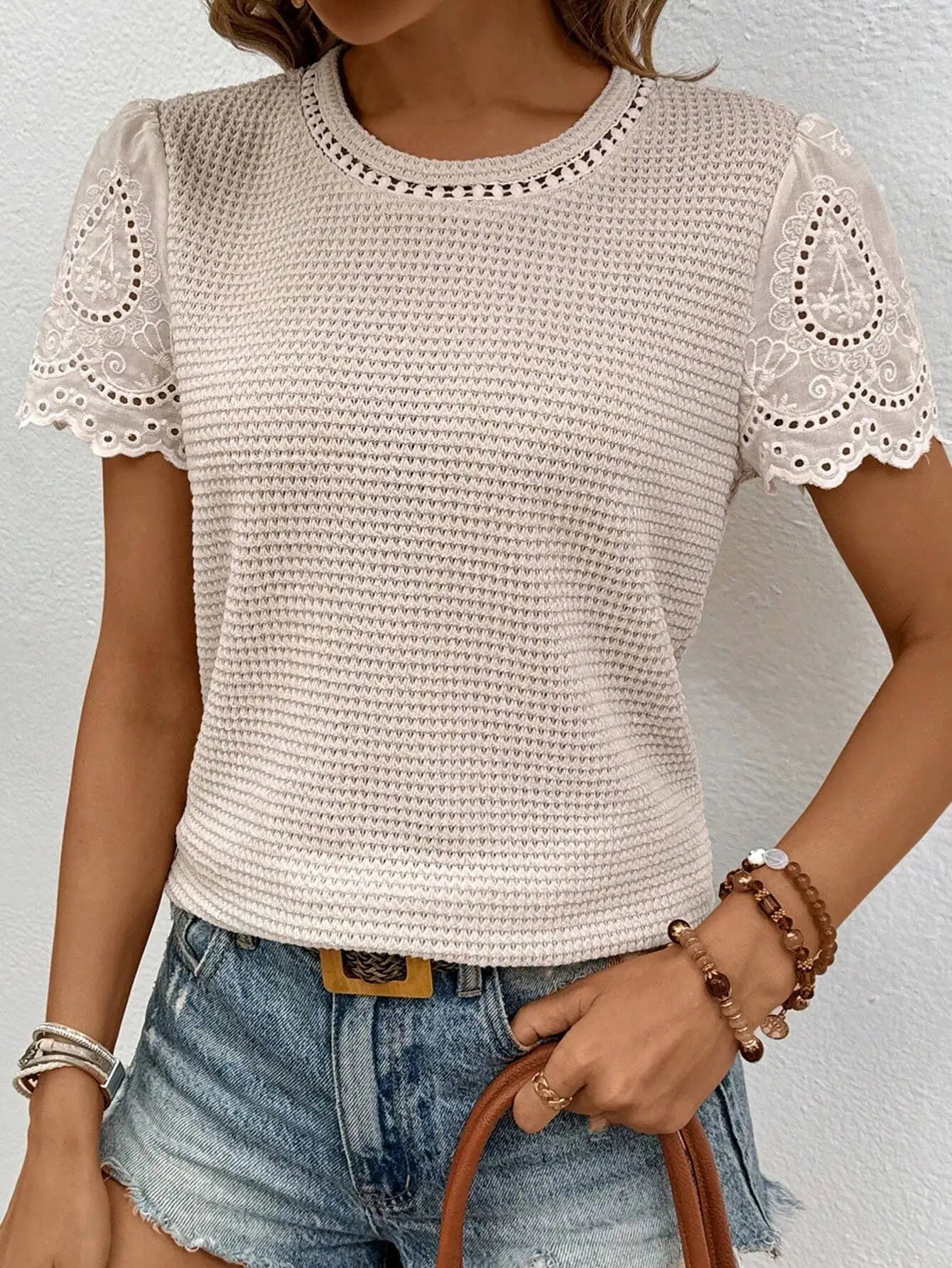 Knitted Waffle Tee With Lace Sleeve Embroidery by MadisonnSavannahBoutique