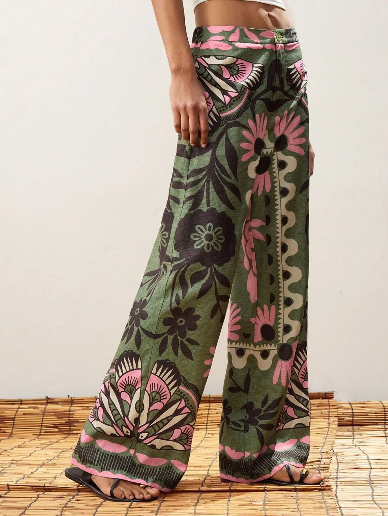 Green Floral Print Wide Leg Pants by MadisonnSavannahBoutique