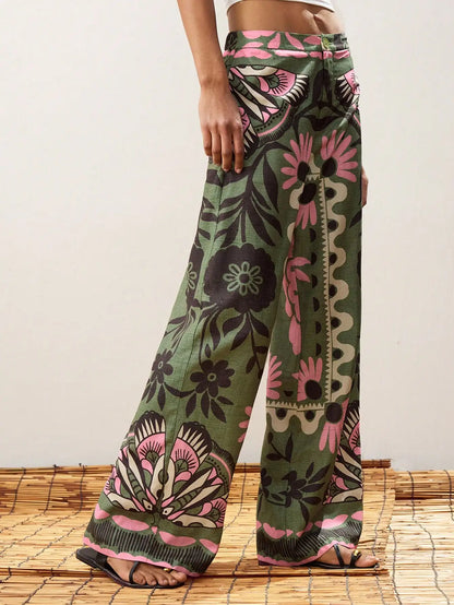 Green Floral Print Wide Leg Pants by MadisonnSavannahBoutique