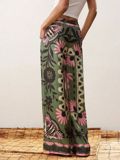 Green Floral Print Wide Leg Pants by MadisonnSavannahBoutique