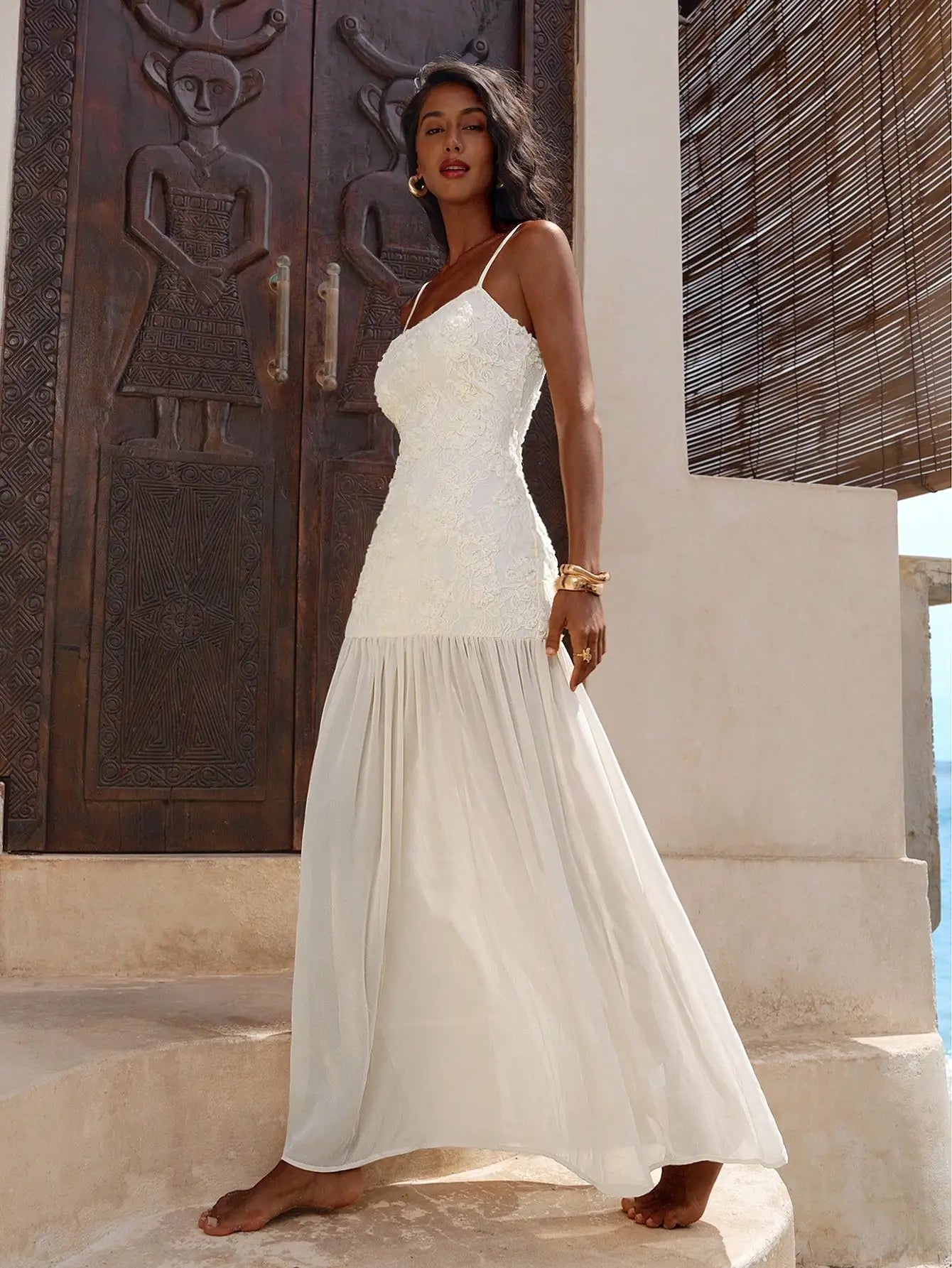 Elegant White Lace Maxi Dress With Spaghetti Straps Flared Hem by MadisonnSavannahBoutique