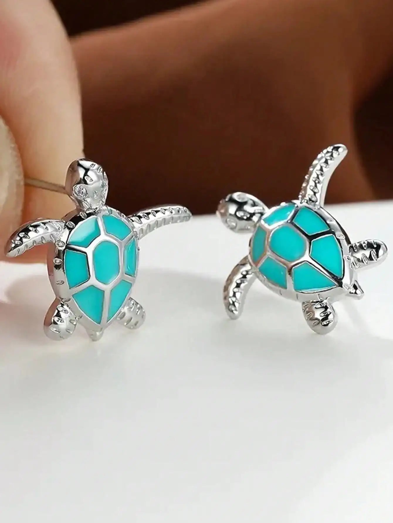 Tiny Sea Turtle Stud Earrings with Turquoise Enamel Shell in Silver-Tone Metal by MadisonnSavannahBoutique