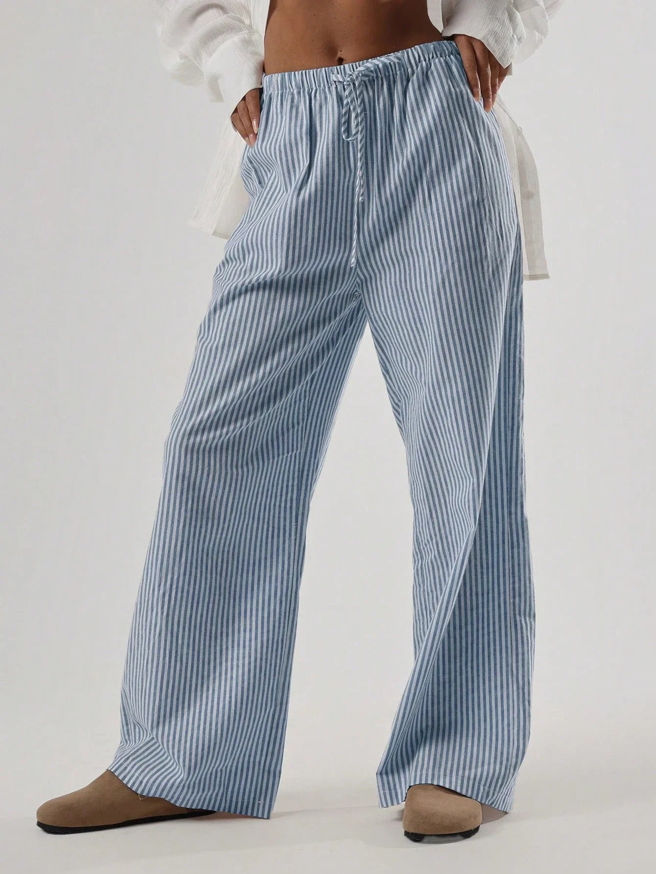 Striped Linen Feel Drawstring Waist Wide Leg Pants by MadisonnSavannahBoutique