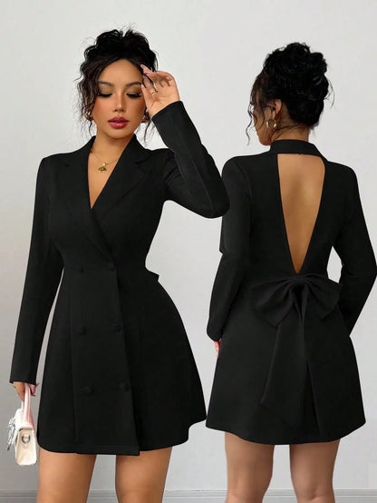 Double-Breasted Deep V-Neck Bow Back Mini Dress by MadisonnSavannahBoutique