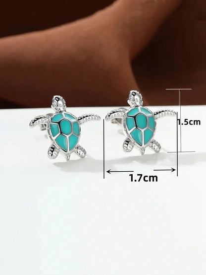 Tiny Sea Turtle Stud Earrings with Turquoise Enamel Shell in Silver-Tone Metal by MadisonnSavannahBoutique