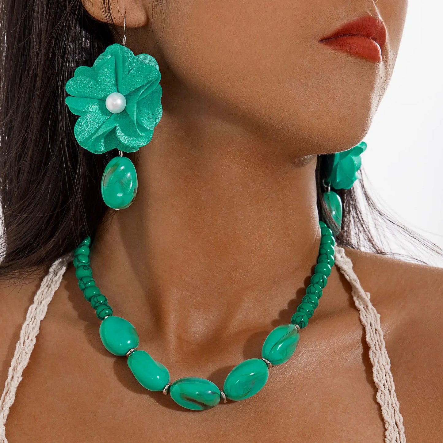 Bohemian Turquoise Beaded Flower Earrings Necklace by MadisonnSavannahBoutique