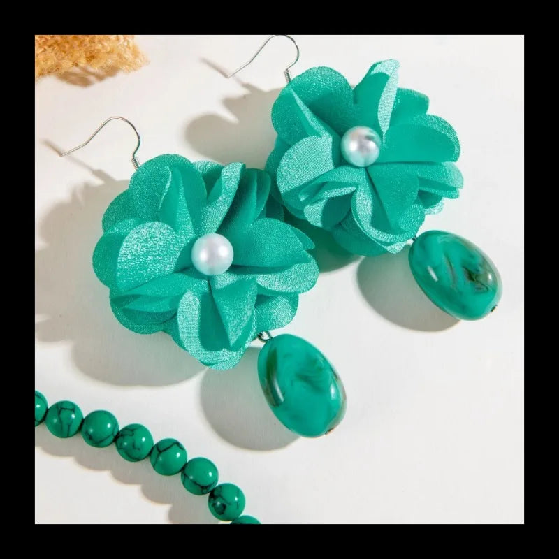 Bohemian Turquoise Beaded Flower Earrings Necklace by MadisonnSavannahBoutique