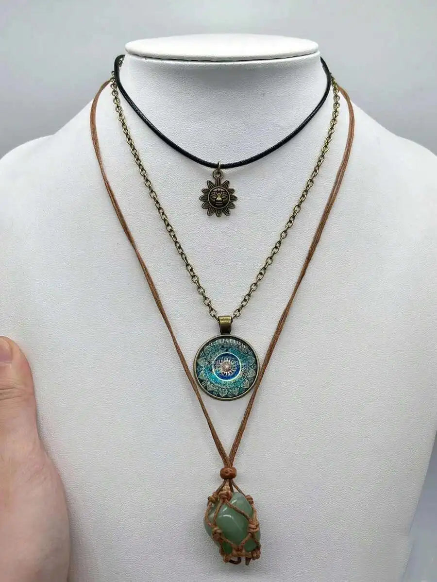 3-Layer Boho Pendant Necklace Set with Sun Charm, Glass Dome & Stone Bead by MadisonnSavannahBoutique