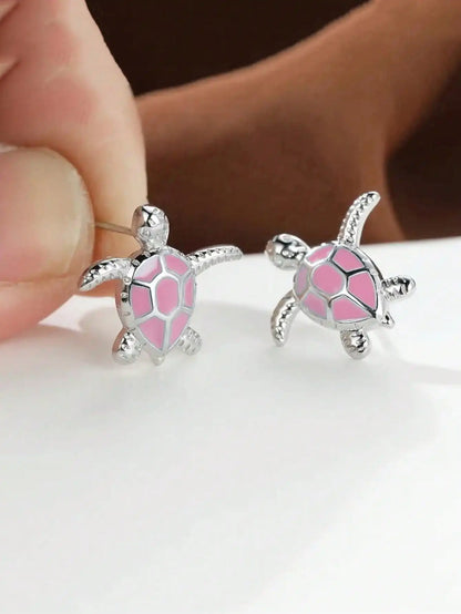 Tiny Sea Turtle Stud Earrings with Turquoise Enamel Shell in Silver-Tone Metal by MadisonnSavannahBoutique