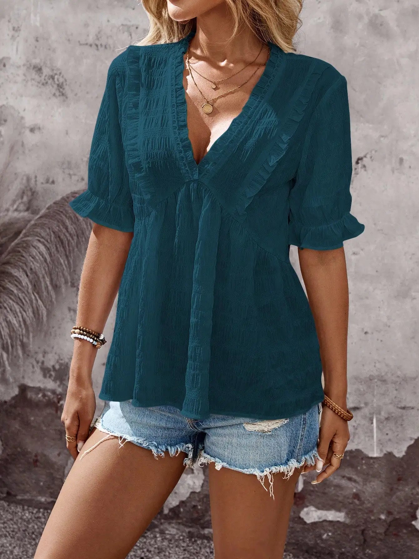 V-Neck Ruffle Blouse With Short Sleeve by MadisonnSavannahBoutique
