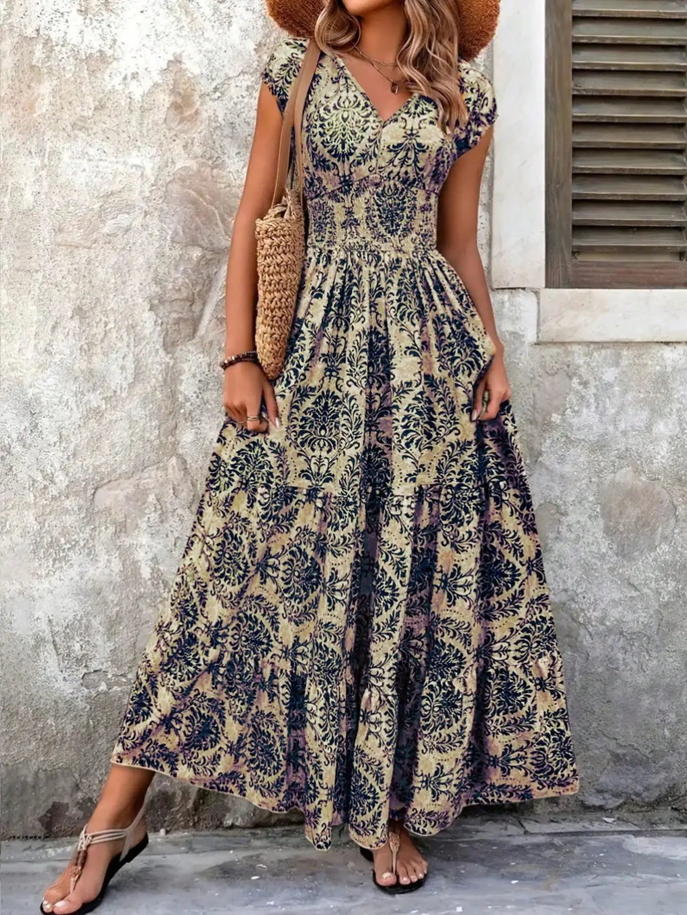 Boho Chic V-Neck Cap Sleeve Floral Print Maxi Dress by MadisonnSavannahBoutique