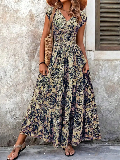 Boho Chic V-Neck Cap Sleeve Floral Print Maxi Dress by MadisonnSavannahBoutique