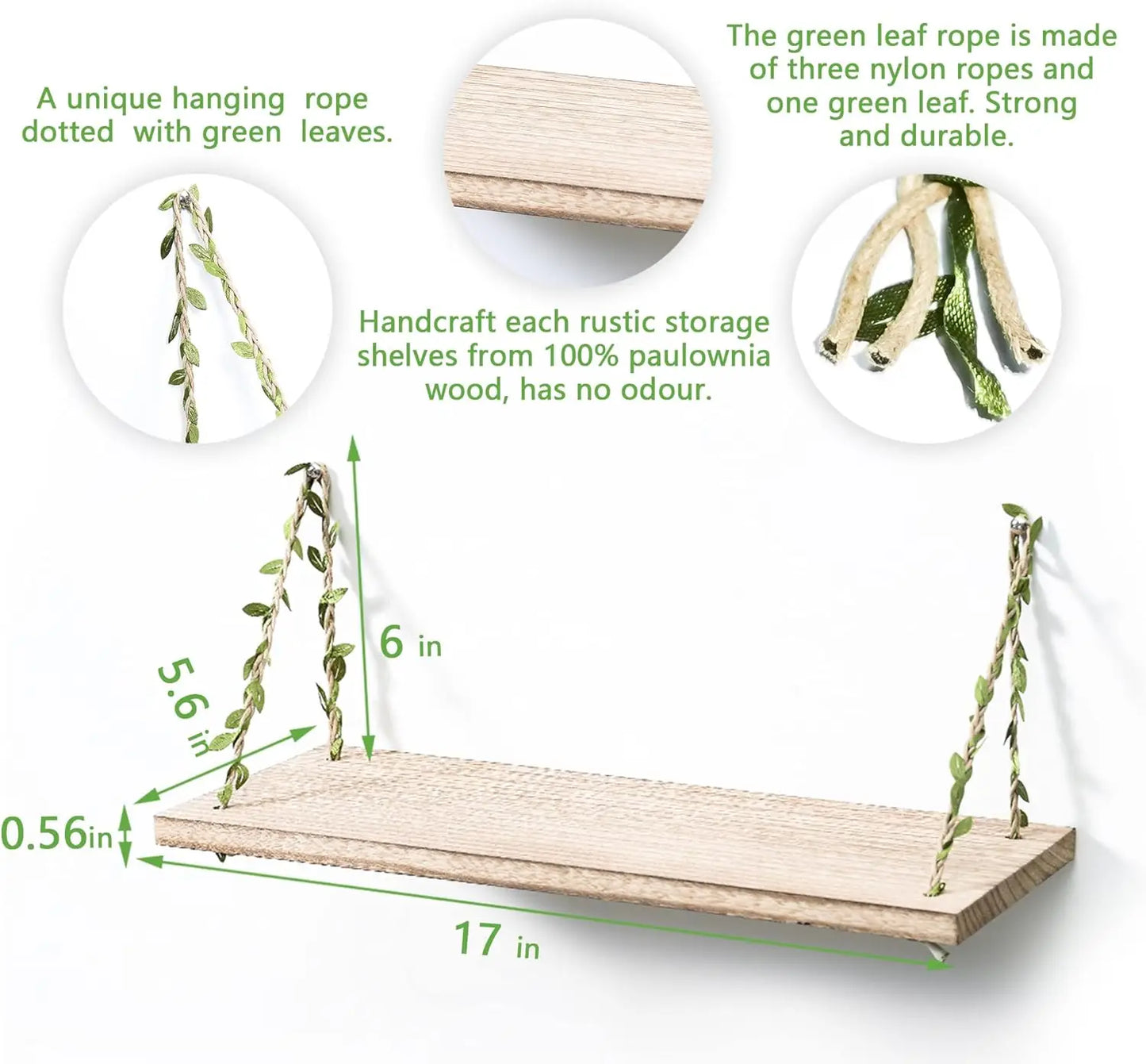 2-Pack 17" Green Leaf Rope Hanging Floating Shelves by MadisonnSavannahBoutique