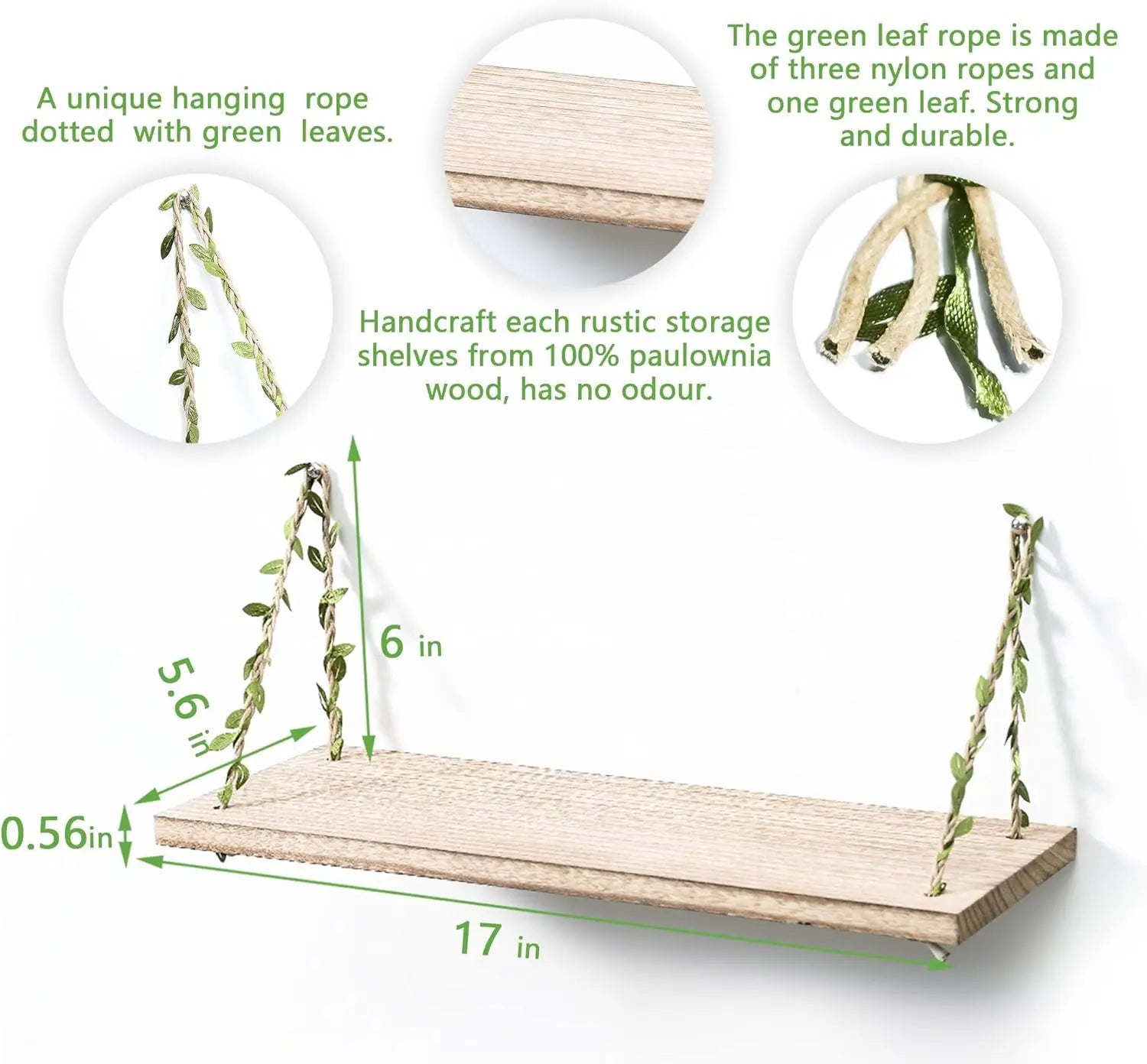 2-Pack 17" Green Leaf Rope Hanging Floating Shelves by MadisonnSavannahBoutique
