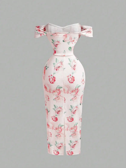 Pink Watercolor Off-Shoulder Corset Midi Dress by MadisonnSavannahBoutique