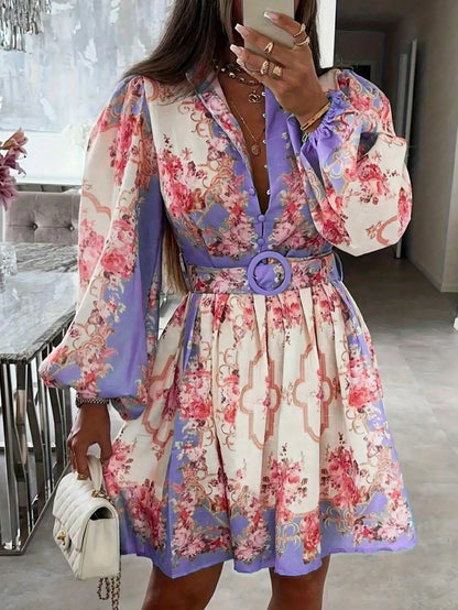 Floral Print Open Collar Long Sleeve Dress With Belt t A-Line by MadisonnSavannahBoutique