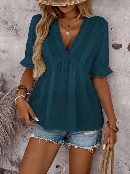 V-Neck Ruffle Blouse With Short Sleeve by MadisonnSavannahBoutique