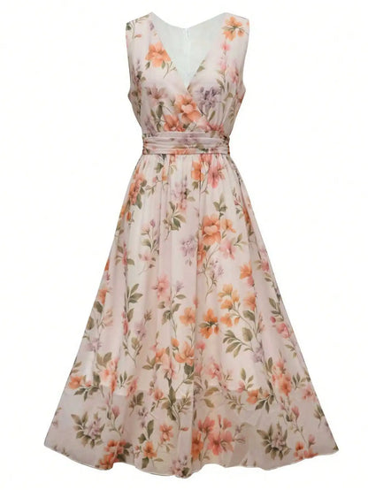 Floral Print V-Neck Wrap Pleated Sleeveless Midi Dress by MadisonnSavannahBoutique