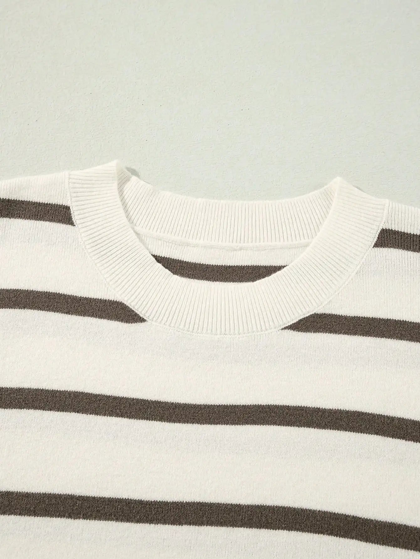 Striped Side Slit Round Neck Short Sleeve Knit Sweater by MadisonnSavannahBoutique