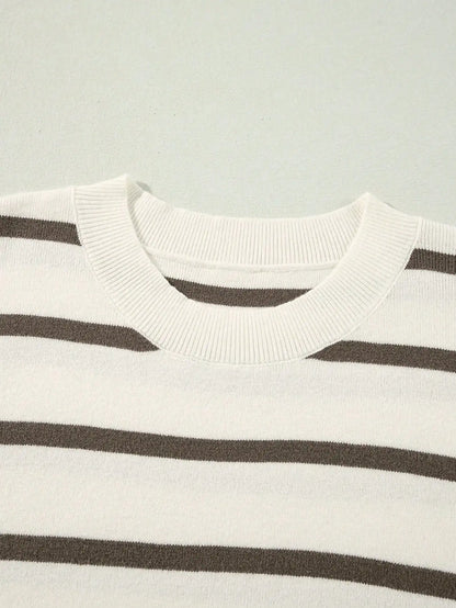 Striped Side Slit Round Neck Short Sleeve Knit Sweater by MadisonnSavannahBoutique