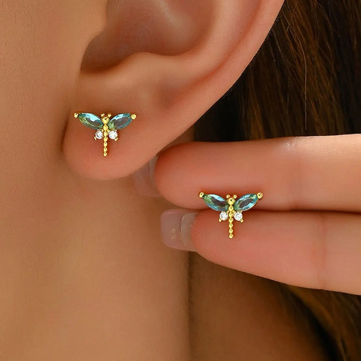 Dragonfly Zirconia Earrings Gold Tone Copper Plated by MadisonnSavannahBoutique