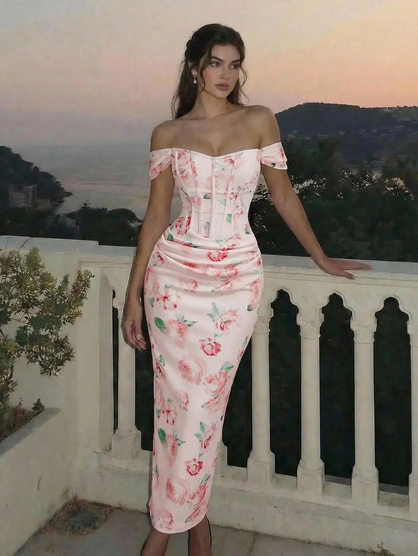 Pink Watercolor Off-Shoulder Corset Midi Dress by MadisonnSavannahBoutique