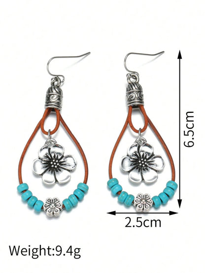 Bohemian Style Alloy Plum Blossom Pendant With Turquoise Beads, Double Layer Dangle Earrings, Vintage Jewelry by MadisonnSavannahBoutique