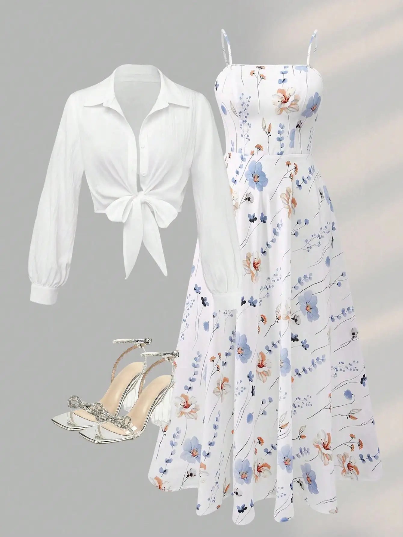 Floral Print Long Sleeve Two-Piece Set With Knotted Top And Midi Dress by MadisonnSavannahBoutique