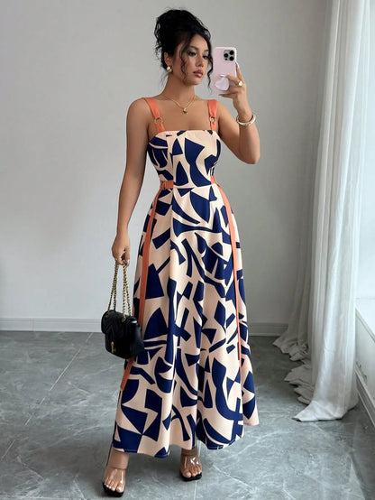 Casual Spaghetti Strap Waisted Wide Hem Geometric Print Maxi Dress by MadisonnSavannahBoutique