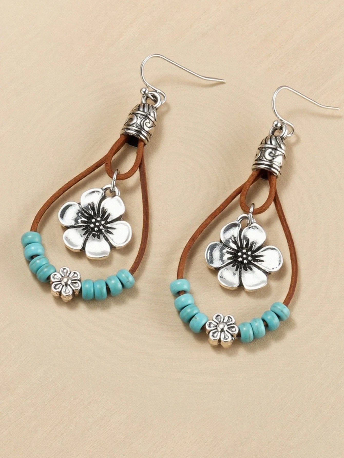 Bohemian Style Alloy Plum Blossom Pendant With Turquoise Beads, Double Layer Dangle Earrings, Vintage Jewelry by MadisonnSavannahBoutique