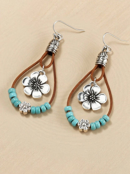 Bohemian Style Alloy Plum Blossom Pendant With Turquoise Beads, Double Layer Dangle Earrings, Vintage Jewelry by MadisonnSavannahBoutique