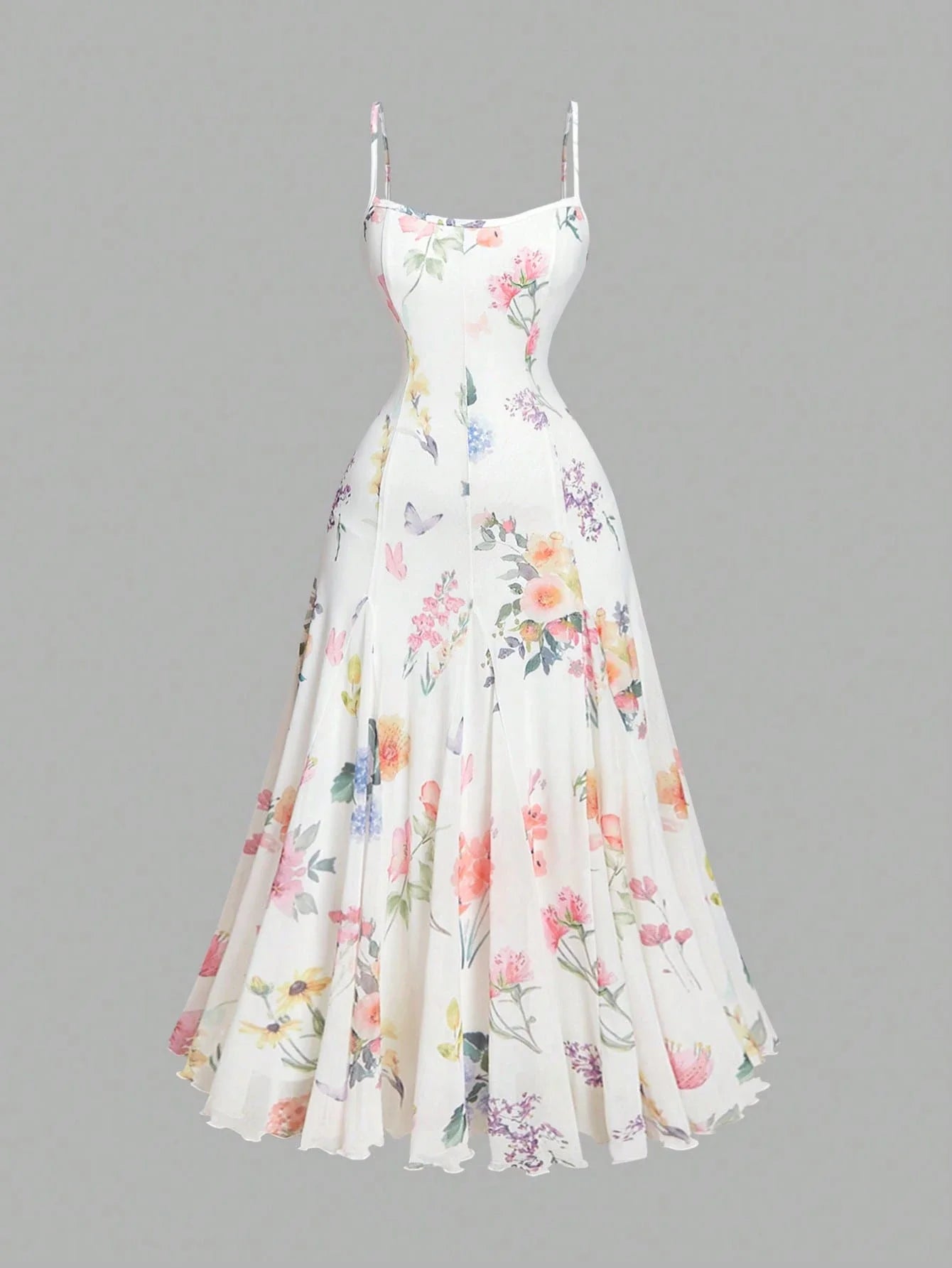 Elegant White Floral A-Line Maxi Dress With Spaghetti Straps And Waist Tie by MadisonnSavannahBoutique