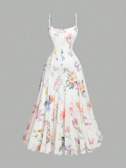 Elegant White Floral A-Line Maxi Dress With Spaghetti Straps And Waist Tie by MadisonnSavannahBoutique