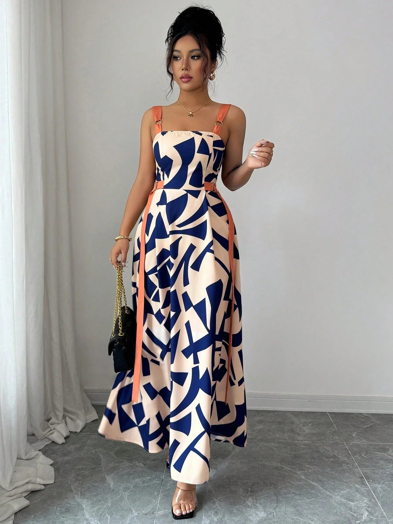 Casual Spaghetti Strap Waisted Wide Hem Geometric Print Maxi Dress by MadisonnSavannahBoutique