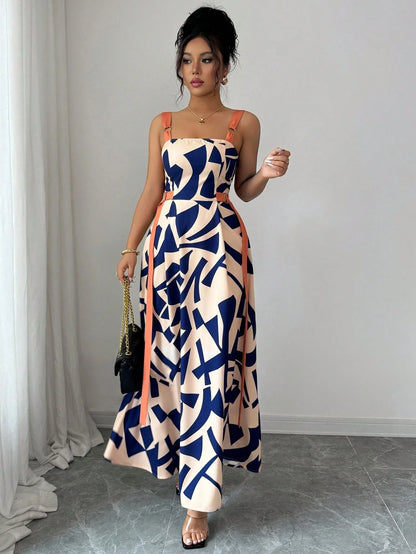 Casual Spaghetti Strap Waisted Wide Hem Geometric Print Maxi Dress by MadisonnSavannahBoutique