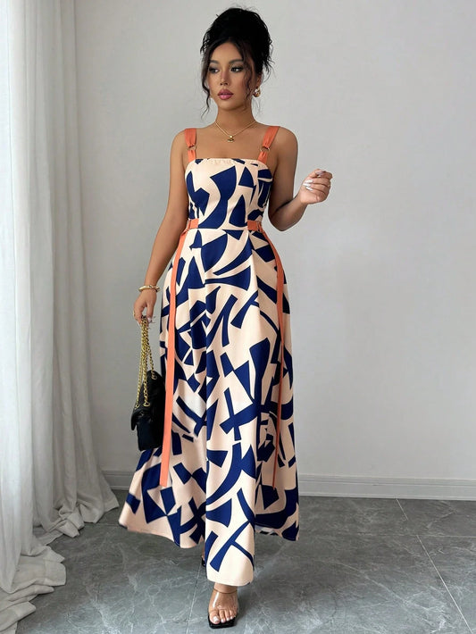 Casual Spaghetti Strap Waisted Wide Hem Geometric Print Maxi Dress by MadisonnSavannahBoutique